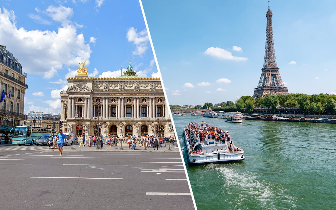 Opéra Garnier facade and Seine River cruise with Eiffel Tower in Paris.