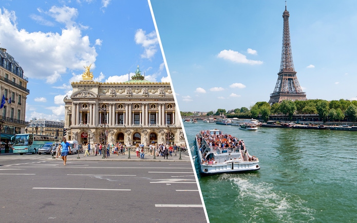 Opéra Garnier facade and Seine River cruise with Eiffel Tower in Paris.