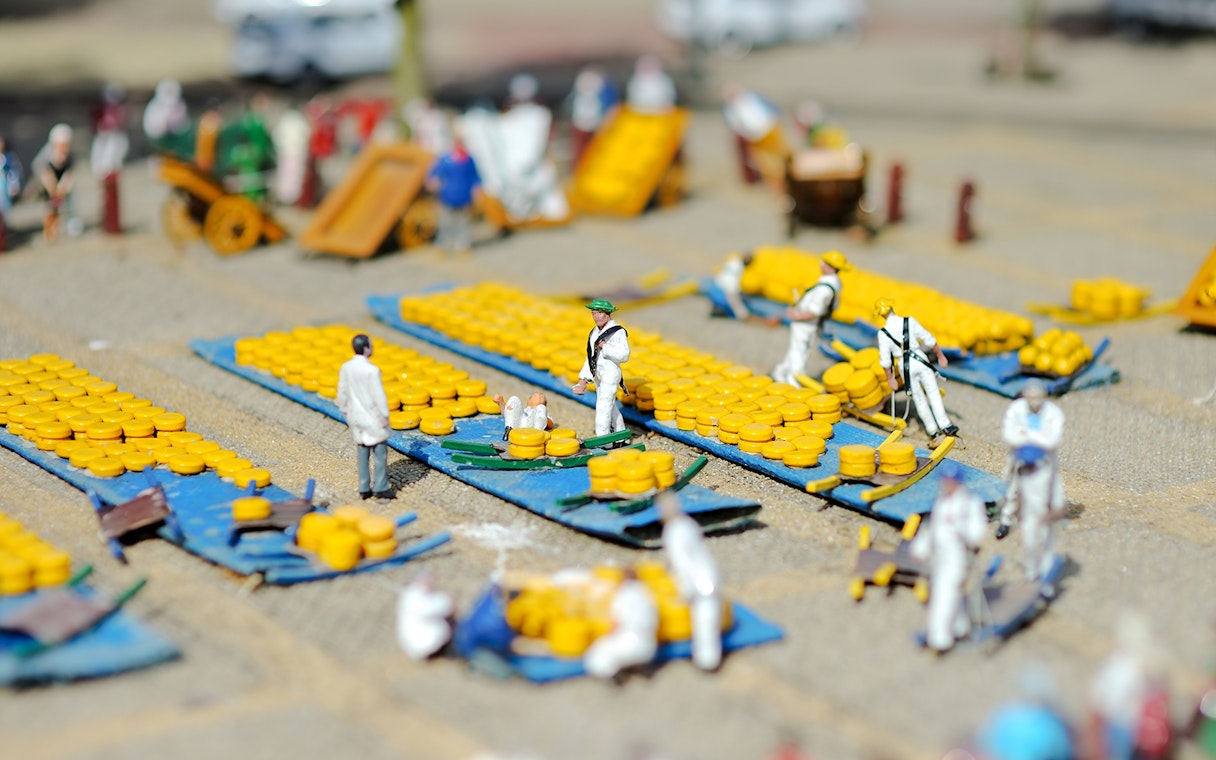 Miniature Alkmaar cheese market display in Madurodam, The Hague, Netherlands.