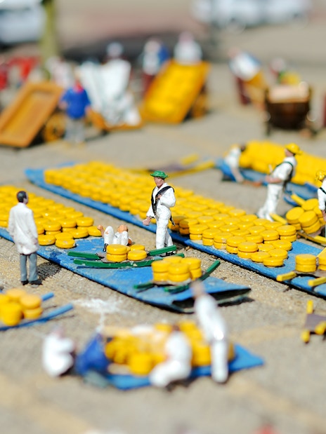 Miniature Alkmaar cheese market display in Madurodam, The Hague, Netherlands.