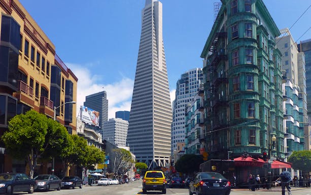 Transamerica Pyramid and Columbus Tower in San Francisco's North Beach.