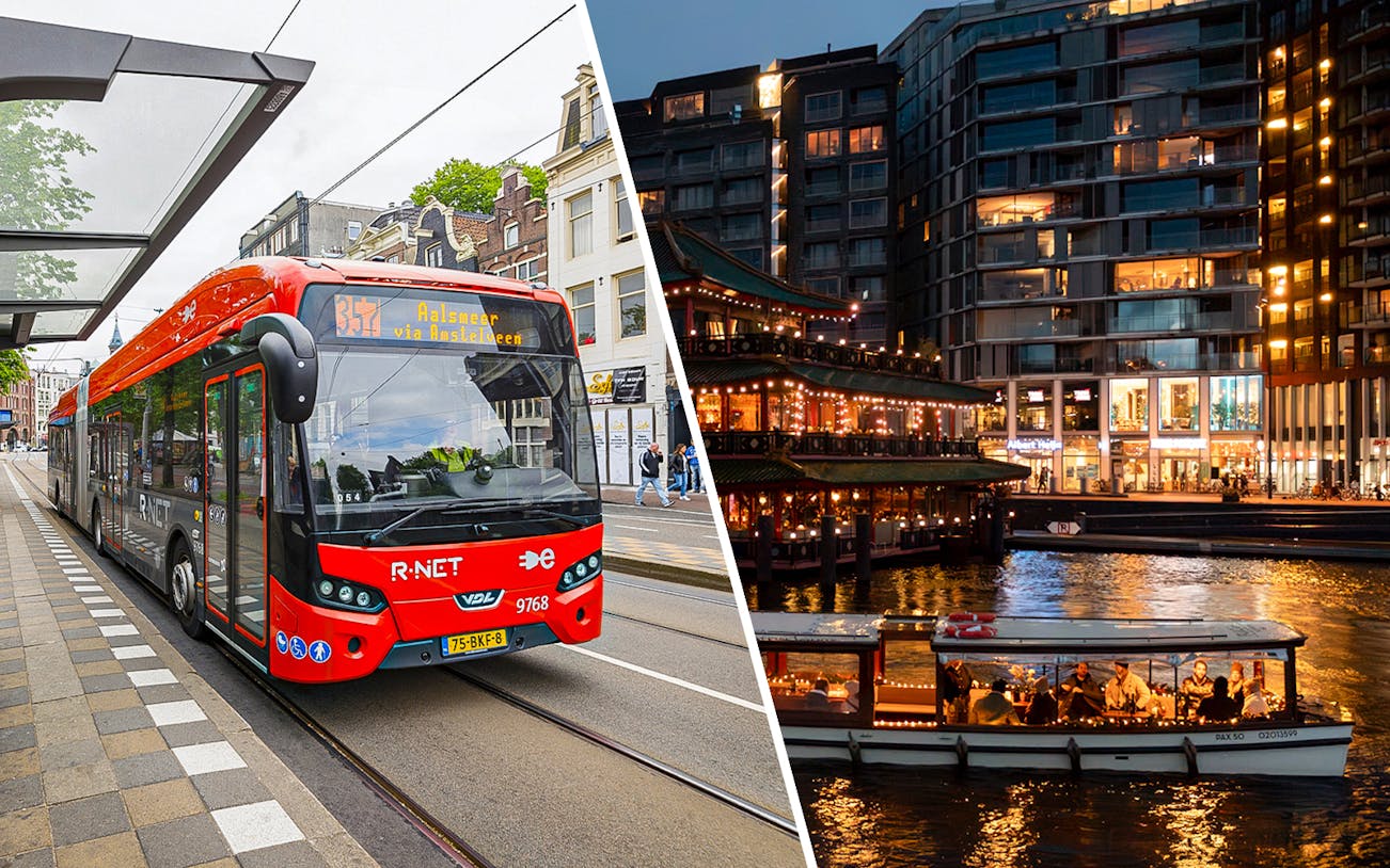 Tram in Amsterdam and evening canal cruise with illuminated buildings.