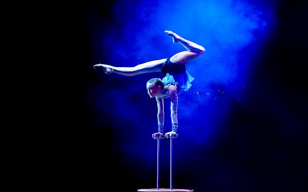 Acrobat girl performing handstand on canes in a circus show.