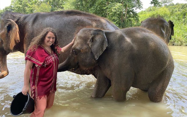 Tourist interacting with elephants in a river during a bathing experience.