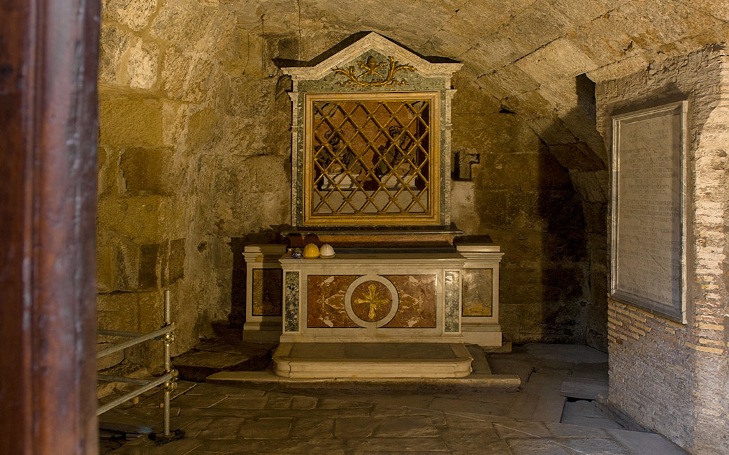 Mamertine Prison altar in ancient stone chamber, Rome.
