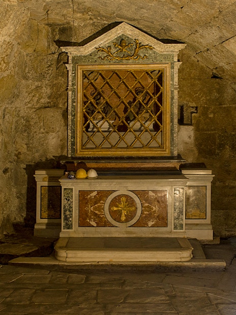 Mamertine Prison altar in ancient stone chamber, Rome.