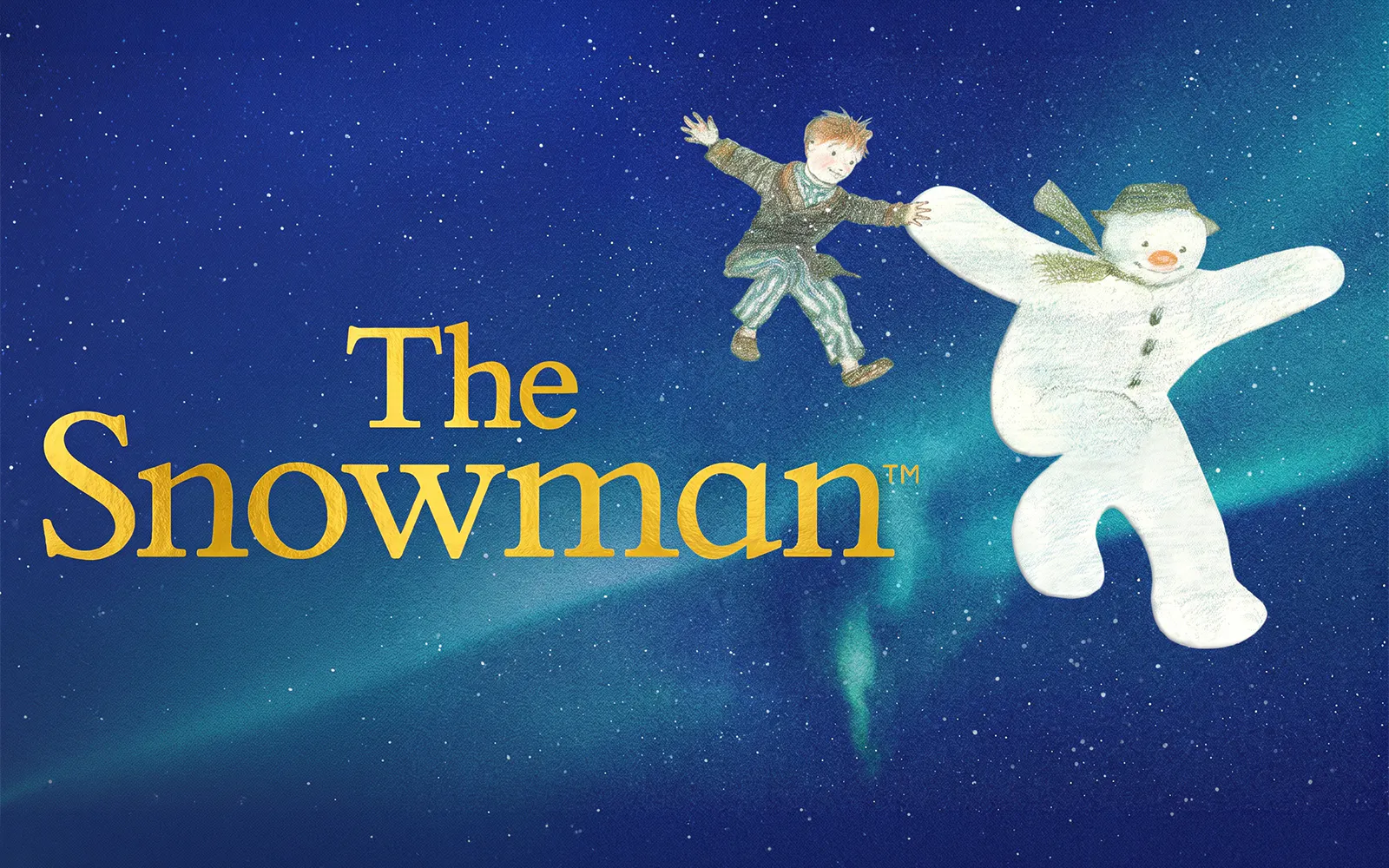 The Snowman show poster with a boy and snowman flying against a starry sky.