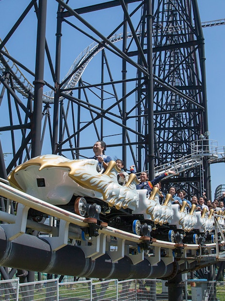 Rollercoaster riders at Fuji-Q Highland, Japan, on a thrilling descent.