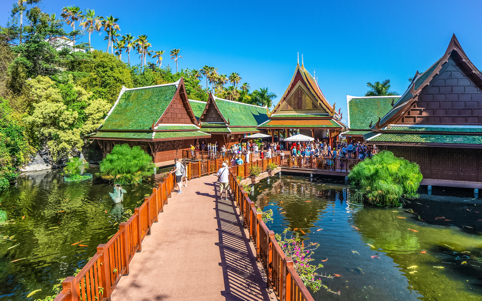 Visitors on a bridge at Loro Park, Tenerife, with traditional Thai architecture and koi pond.