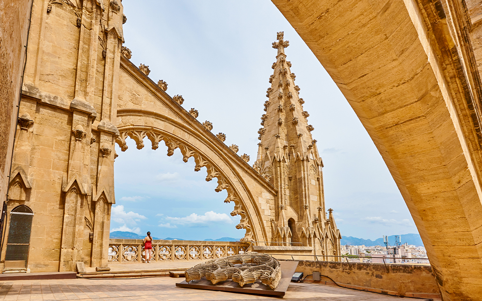 Palma de Mallorca cathedral rooftop with arches and pinnacles, Balearic Islands.