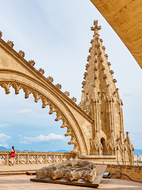 Palma de Mallorca cathedral rooftop with arches and pinnacles, Balearic Islands.