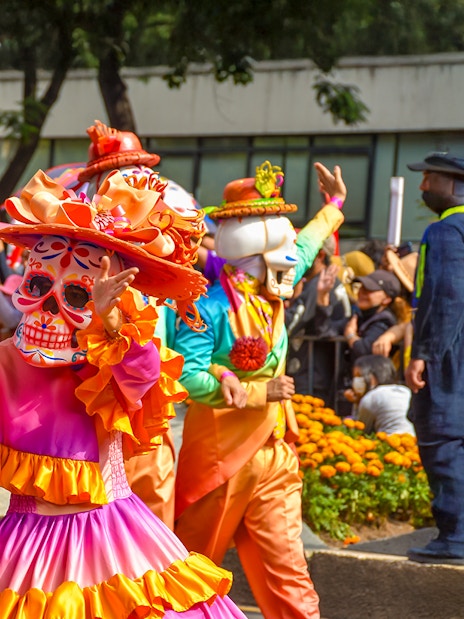 Participants in colorful costumes and skull masks at Day of the Dead parade, Mexico.