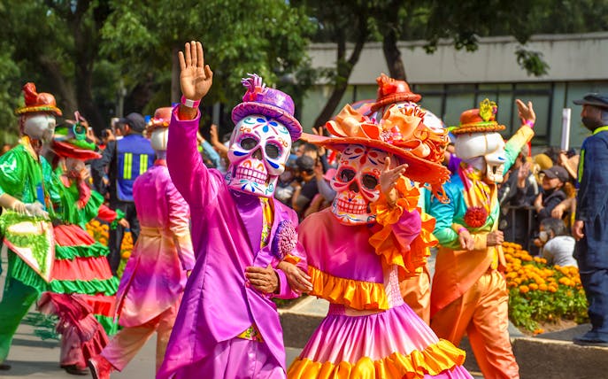 Participants in colorful costumes and skull masks at Day of the Dead parade, Mexico.