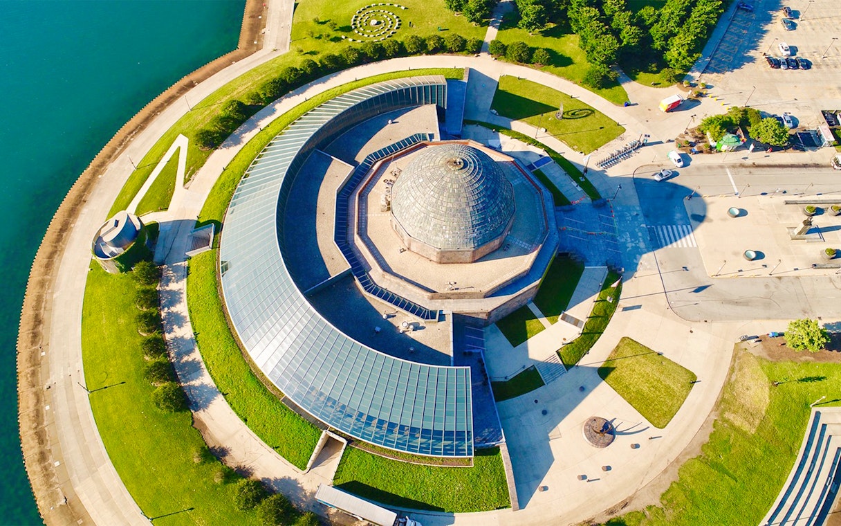 Aerial view of the Adler Planetarium in Chicago near Lake Michigan.