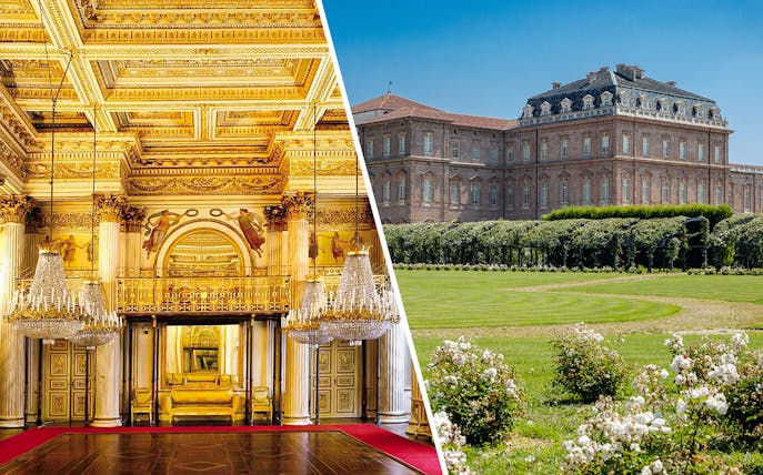 Royal Palace of Turin's ornate interior and Palace of Venaria's exterior gardens.