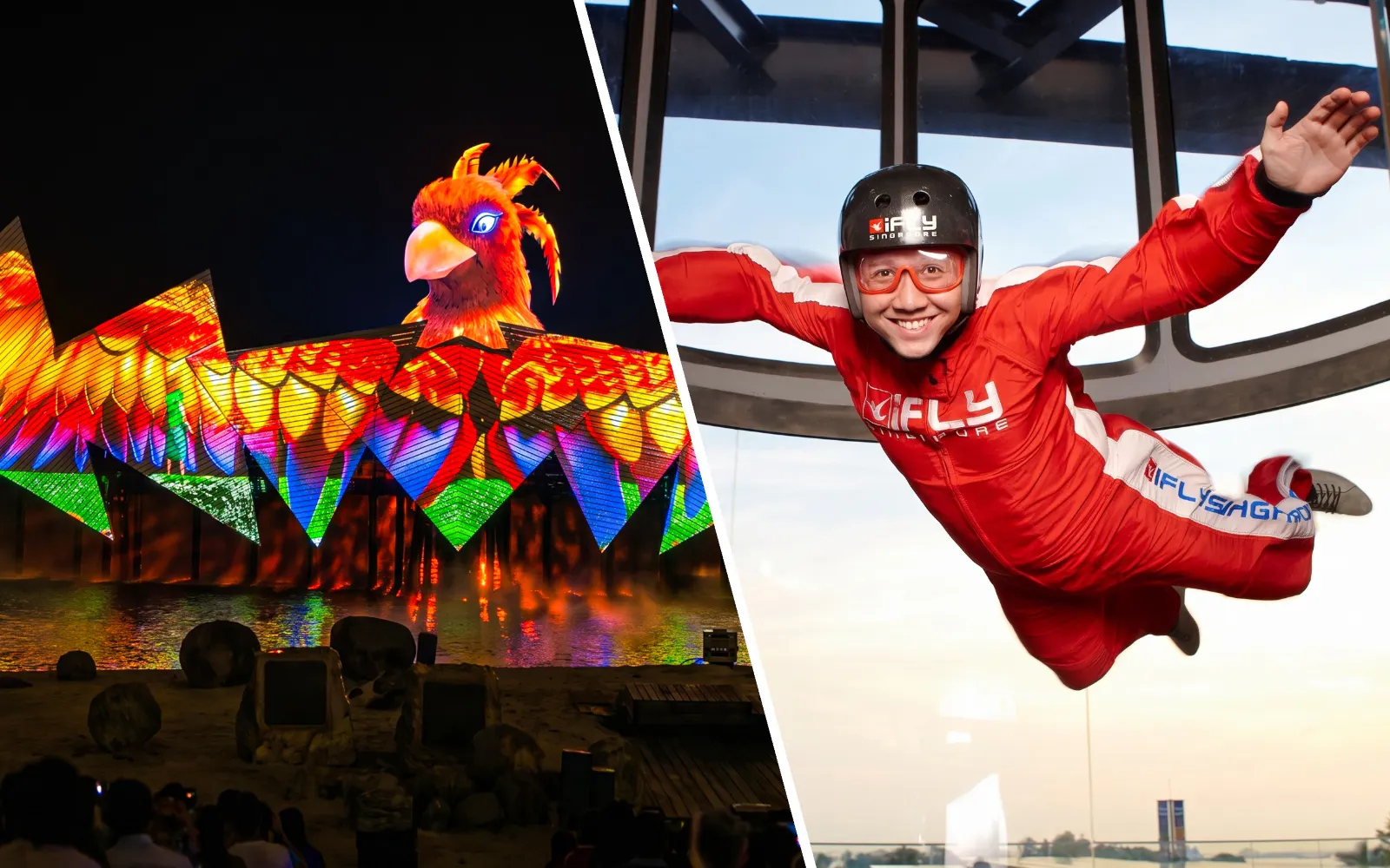 Wings of Time night show with colorful bird projection at Sentosa Island.