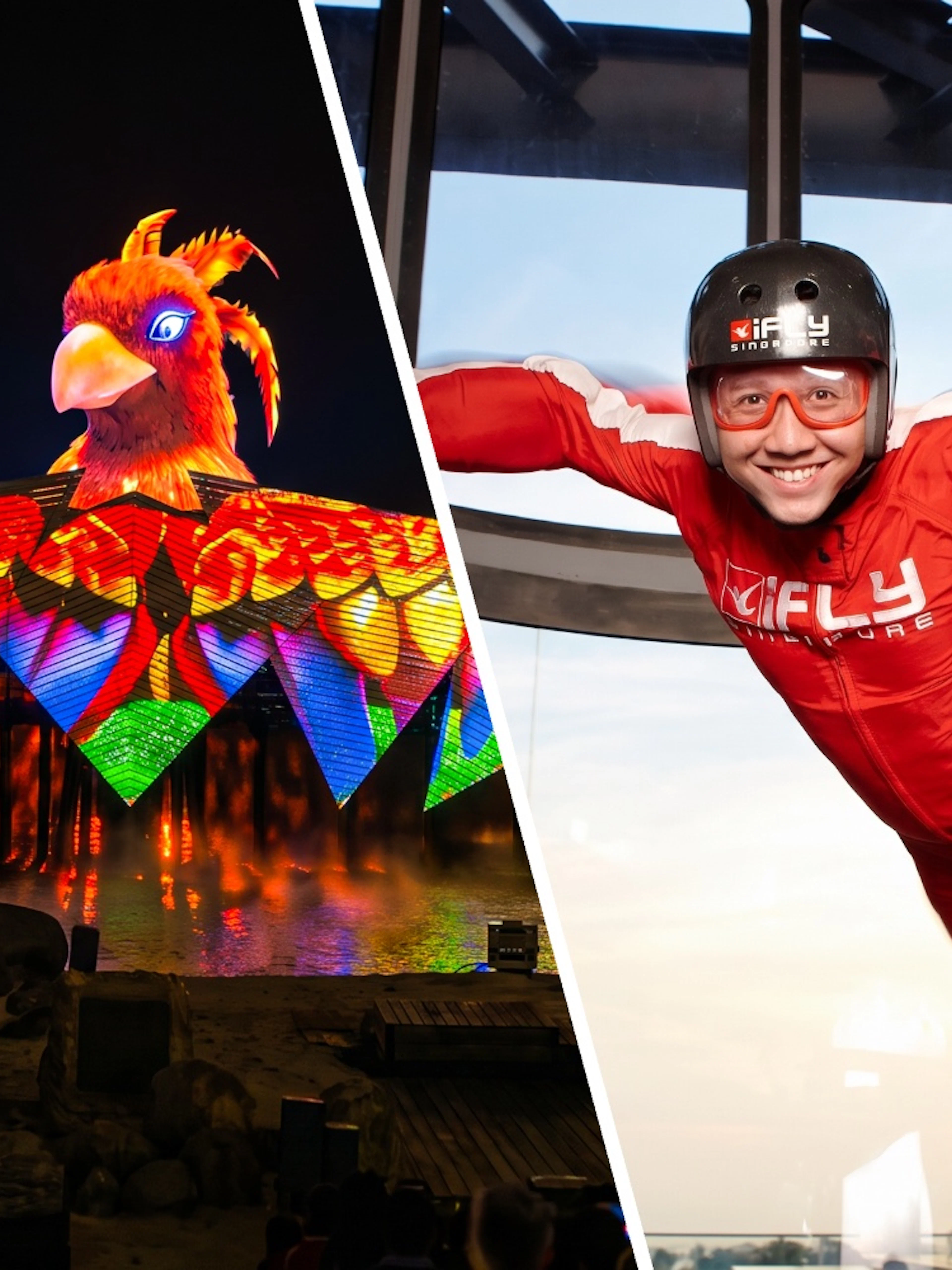 Wings of Time night show with colorful bird projection at Sentosa Island.