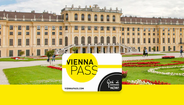 Vienna Pass card in front of Schönbrunn Palace, Vienna, with gardens and visitors.