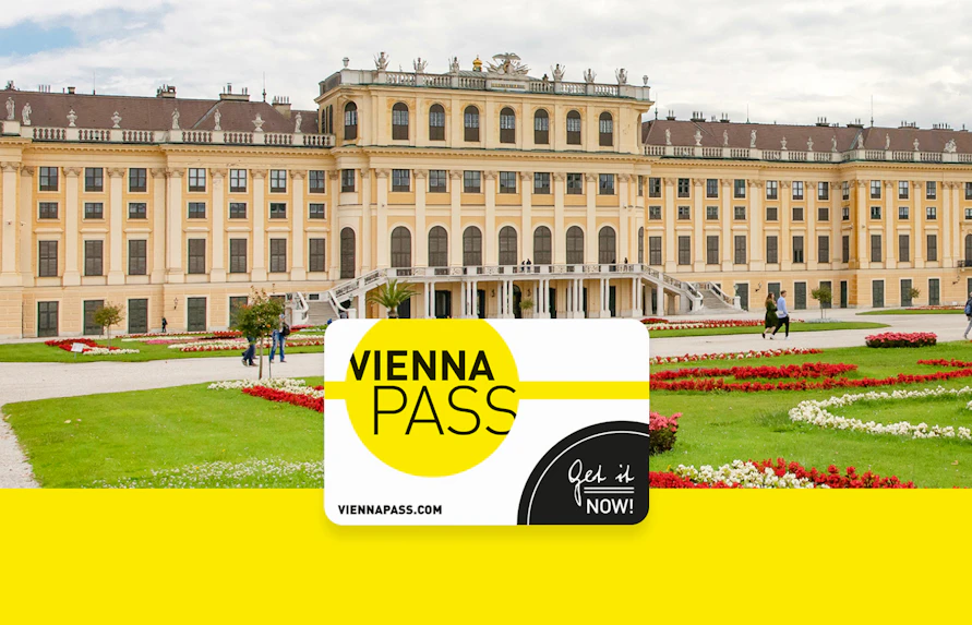 Vienna Pass card in front of Schönbrunn Palace, Vienna, with gardens and visitors.