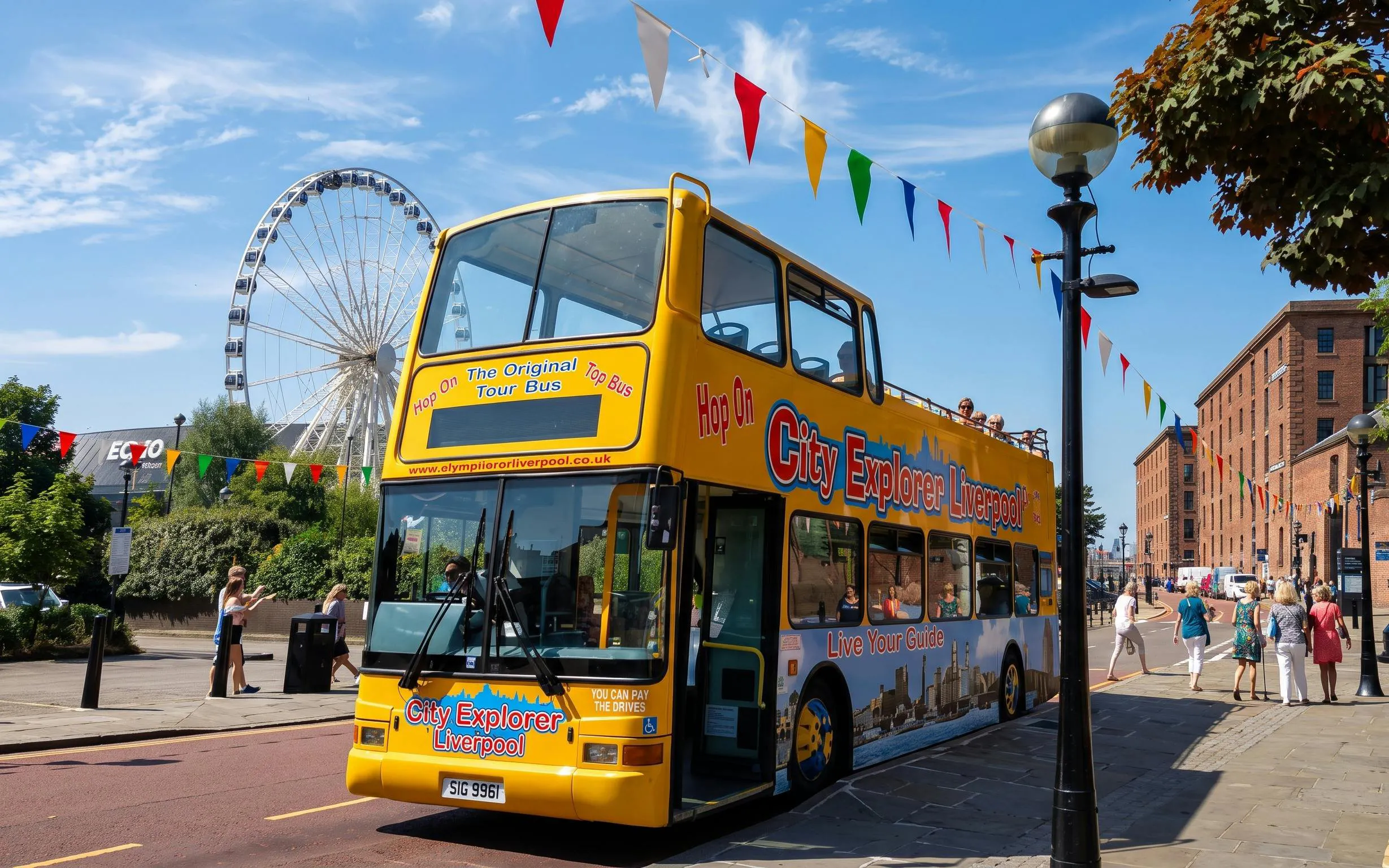 City Explorer Liverpool bus near Ferris wheel on Mersey sightseeing tour.