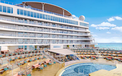 Cruise ship deck with pool on Disney Adventure Cruise at Wayfinders Bay.