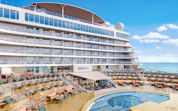 Cruise ship deck with pool on Disney Adventure Cruise at Wayfinders Bay.