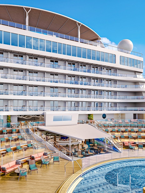 Cruise ship deck with pool on Disney Adventure Cruise at Wayfinders Bay.