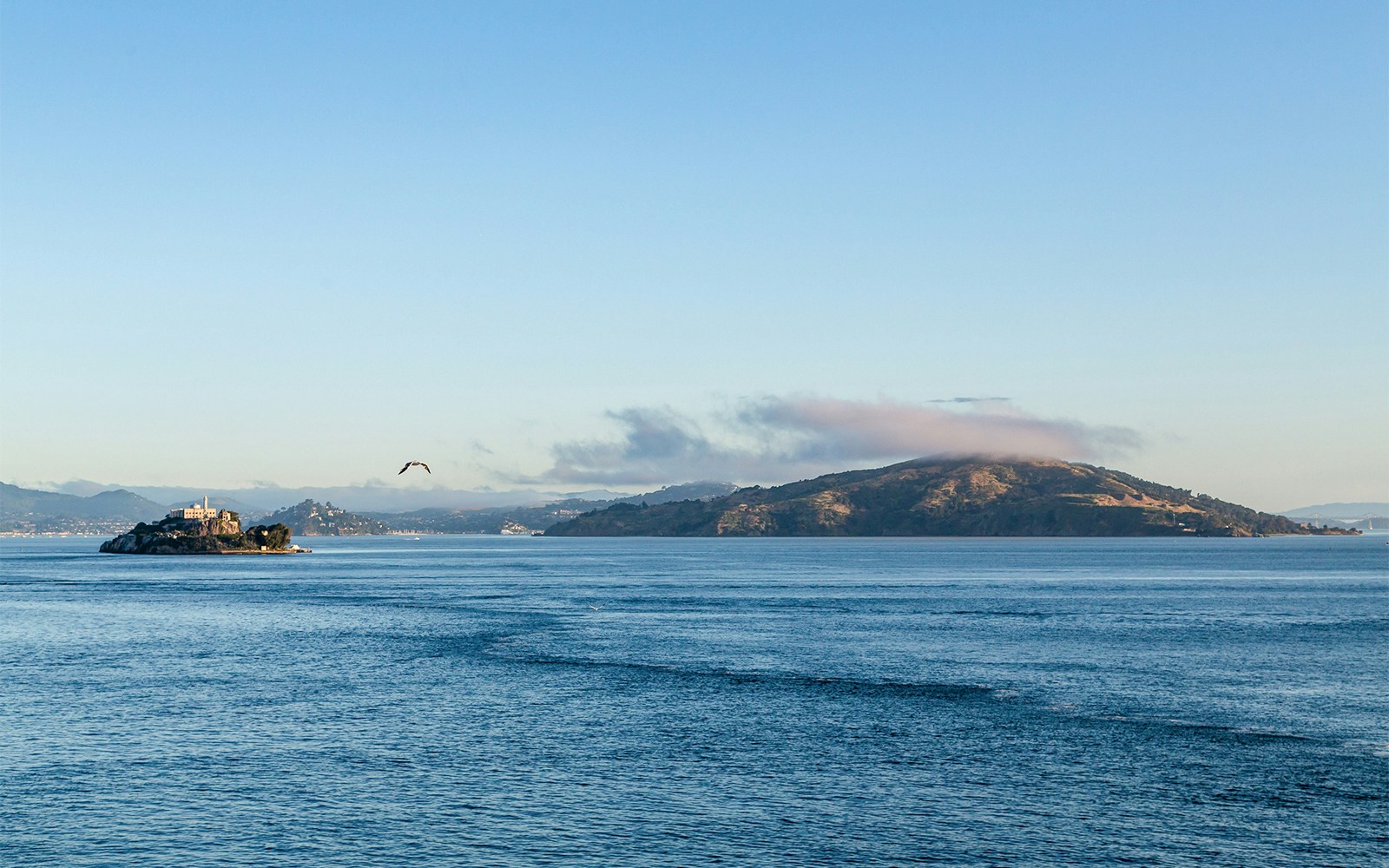 Alcatraz Island with Angel Island in the background, San Francisco Bay.