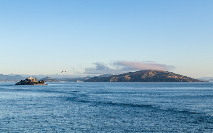 Alcatraz Island with Angel Island in the background, San Francisco Bay.