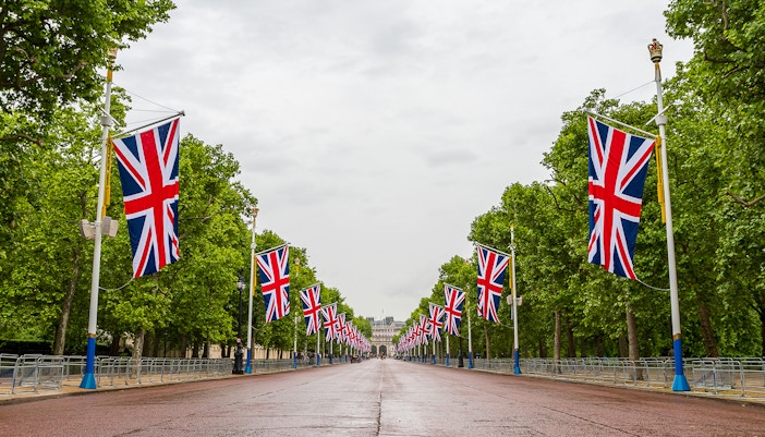 Union Jack flags lining The Mall in London.