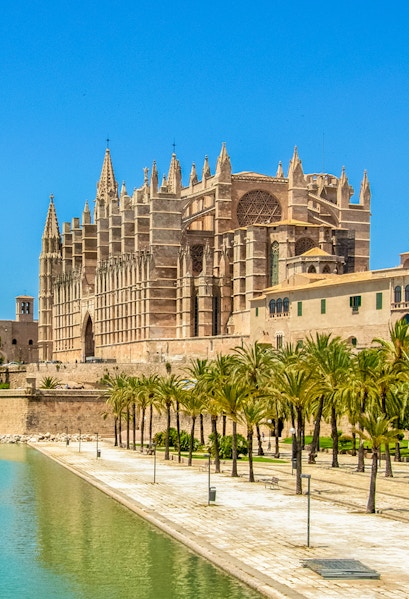 Mallorca Cathedral with palm trees and waterfront in Palma, Spain.