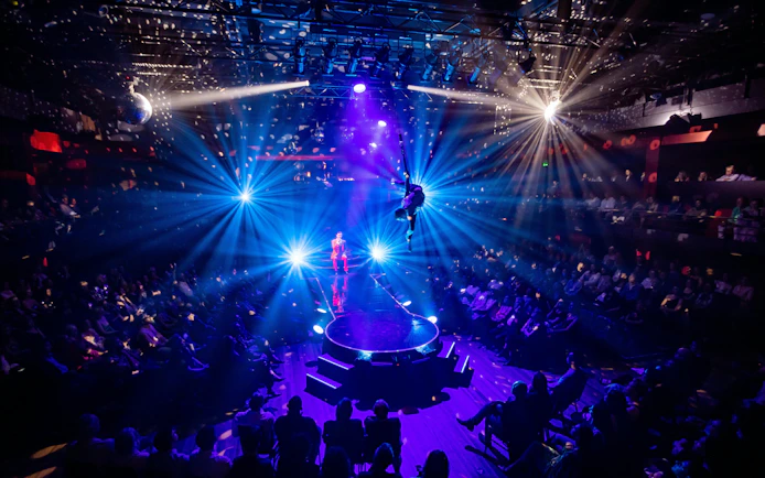 Aerial performer at Velvet Inferno show in Sydney with vibrant stage lighting.
