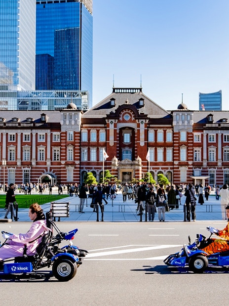 Tourists go-karting near Tokyo Station in Shibuya, Japan.