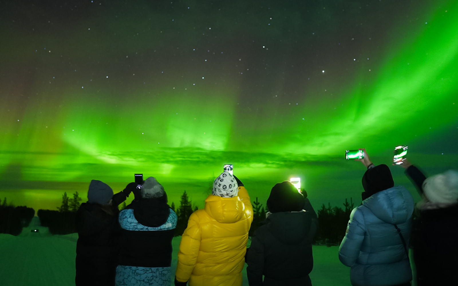 Small group watching Northern Lights in Levi, Finland.