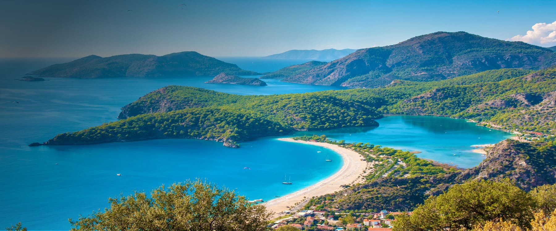 Aerial view of Ölüdeniz Lagoon and beach in Mugla, Turkey.