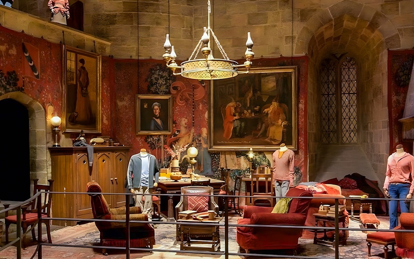 Gryffindor common room exhibit at Harry Potter London tour with costumes and decor.
