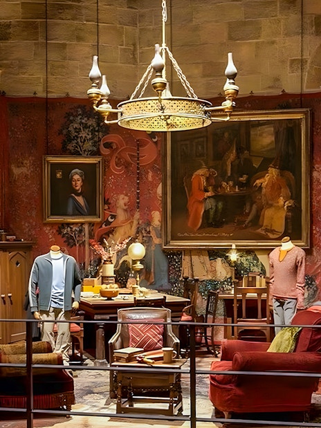 Gryffindor common room exhibit at Harry Potter London tour with costumes and decor.