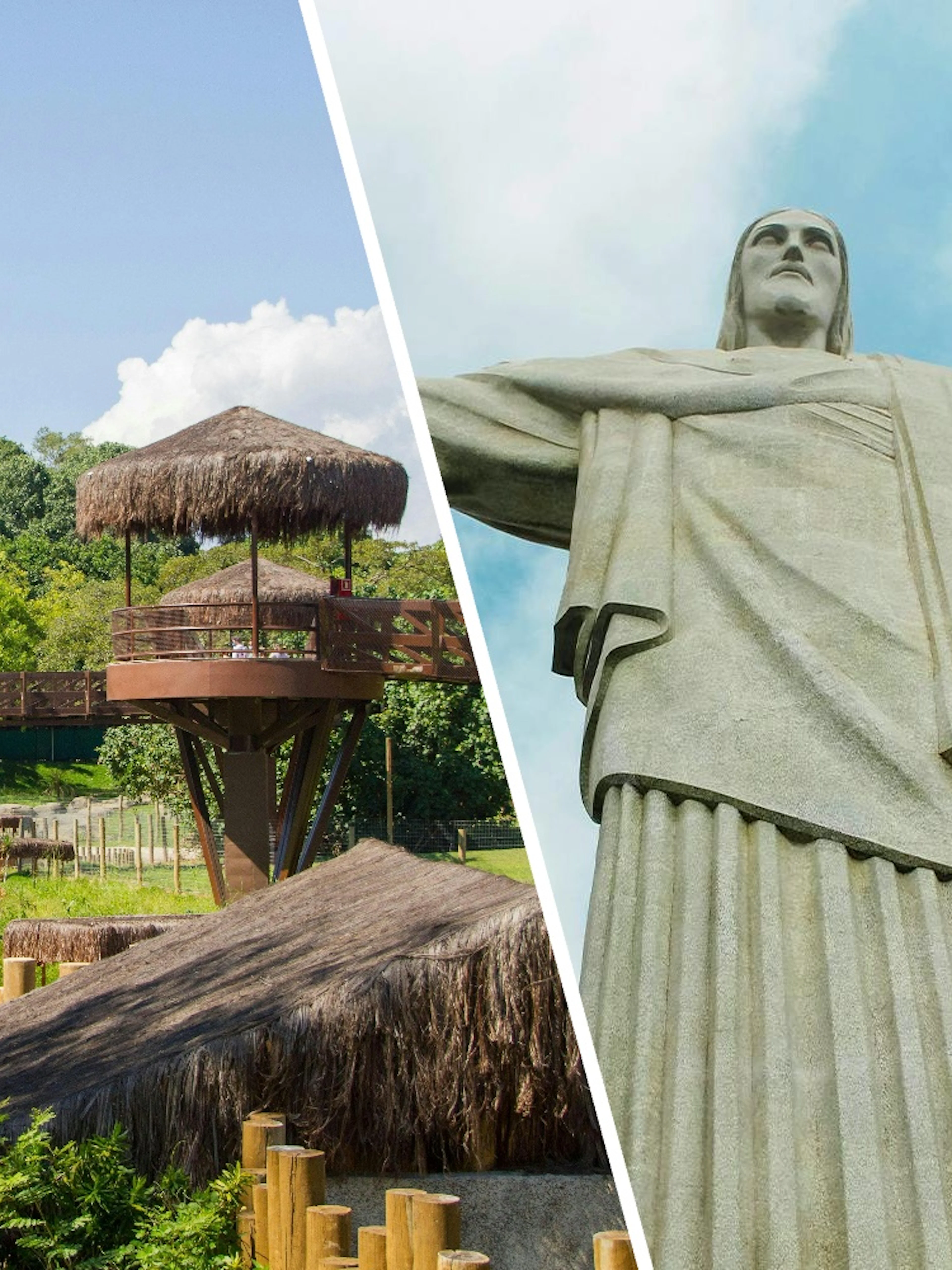Rio de Janeiro Biopark with thatched huts and Christ the Redeemer statue, Brazil.