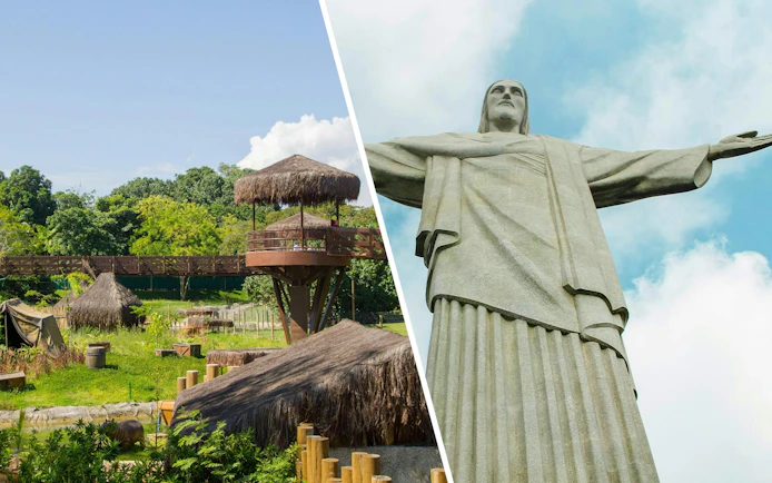 Rio de Janeiro Biopark with thatched huts and Christ the Redeemer statue, Brazil.