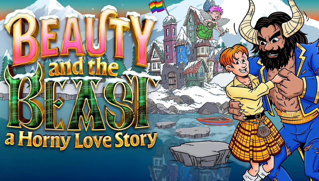 Beauty and the Beast: A Horny Love Story poster with characters in a snowy village.