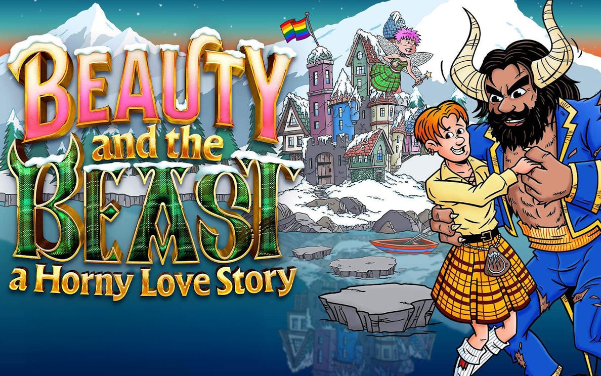 Beauty and the Beast: A Horny Love Story poster with characters in a snowy village.