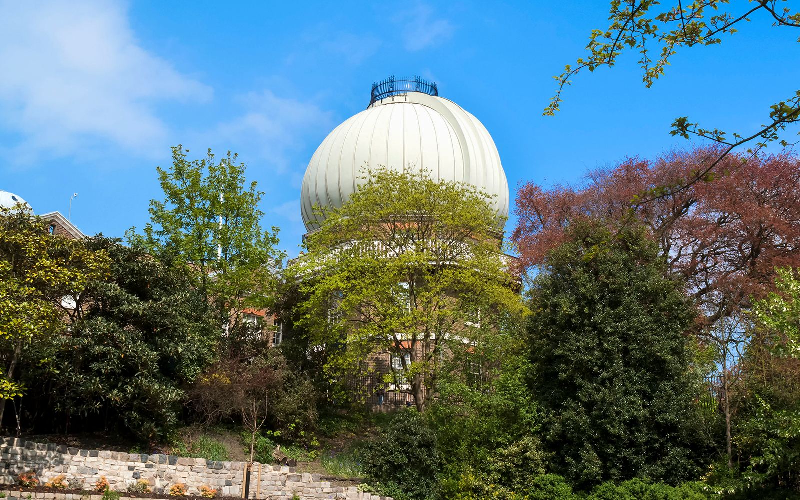 Equatorial telescope dome at Griffith Observatory, surrounded by trees, Los Angeles, USA.