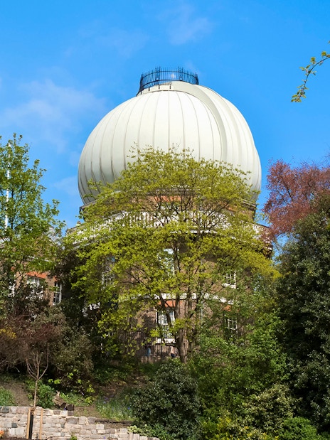 Equatorial telescope dome at Griffith Observatory, surrounded by trees, Los Angeles, USA.
