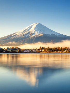 Mount Fuji reflected in a calm lake near Tokyo, Japan.