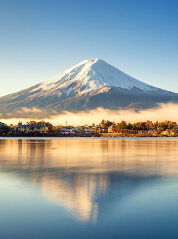 Mount Fuji reflected in a calm lake near Tokyo, Japan.