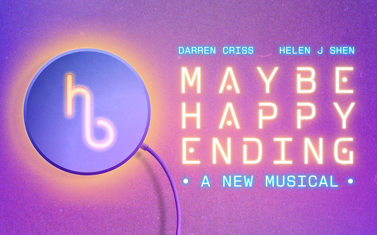 Maybe Happy Ending musical poster with neon text and circular design