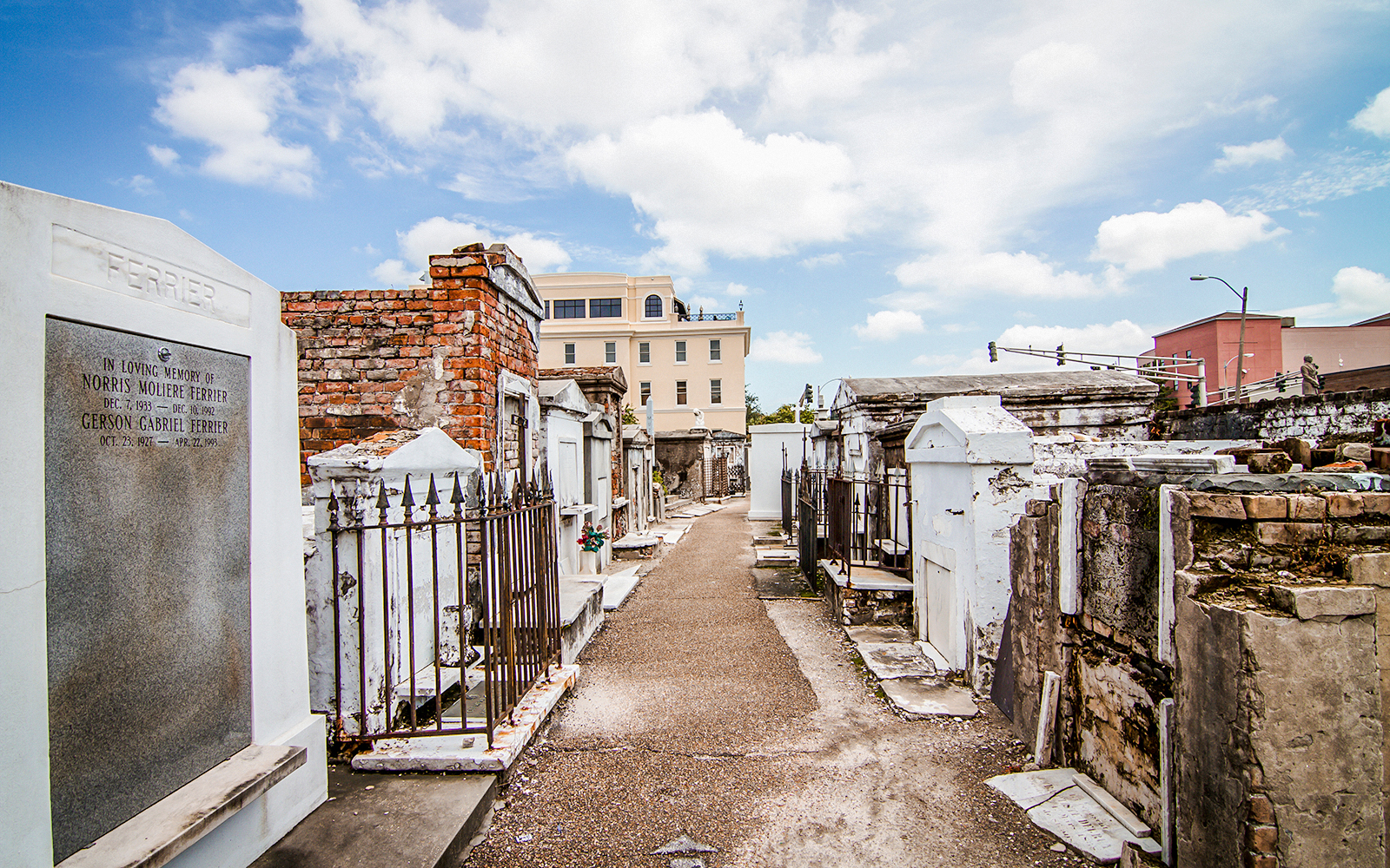 St. Louis Cemetery in New Orleans with above-ground tombs and historic architecture.