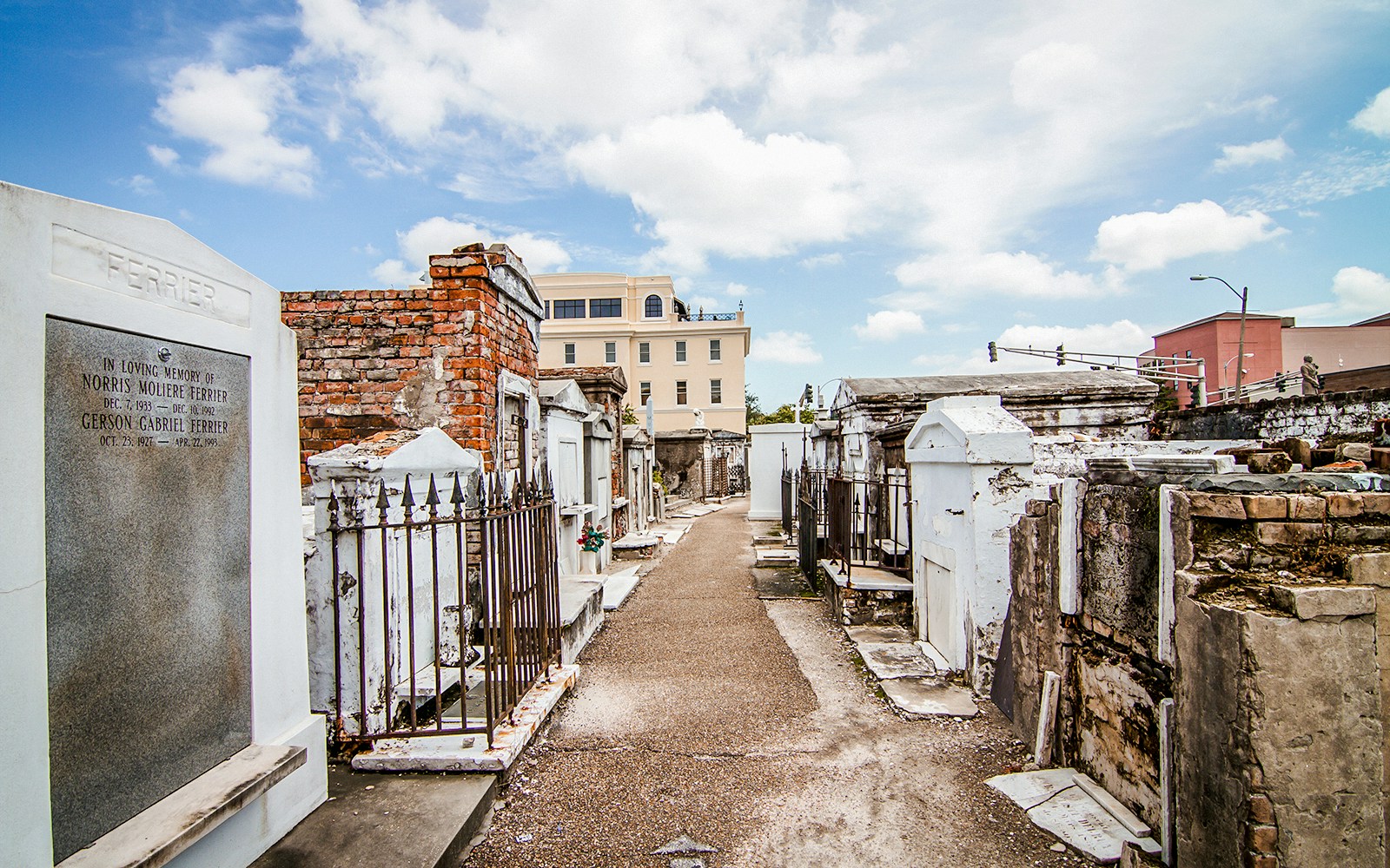 St. Louis Cemetery in New Orleans with above-ground tombs and historic architecture.