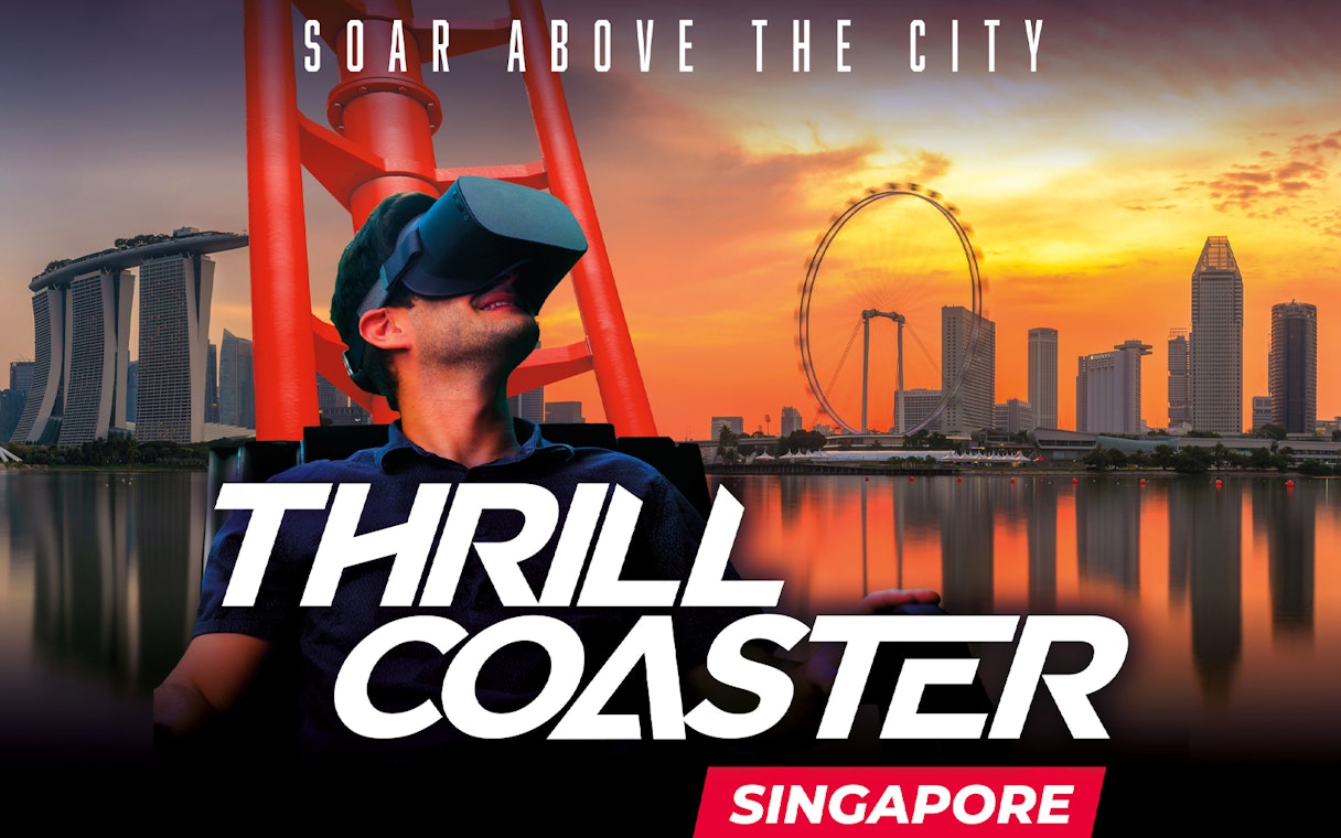 VR experience at Madame Tussauds Singapore with city skyline and Singapore Flyer in background.