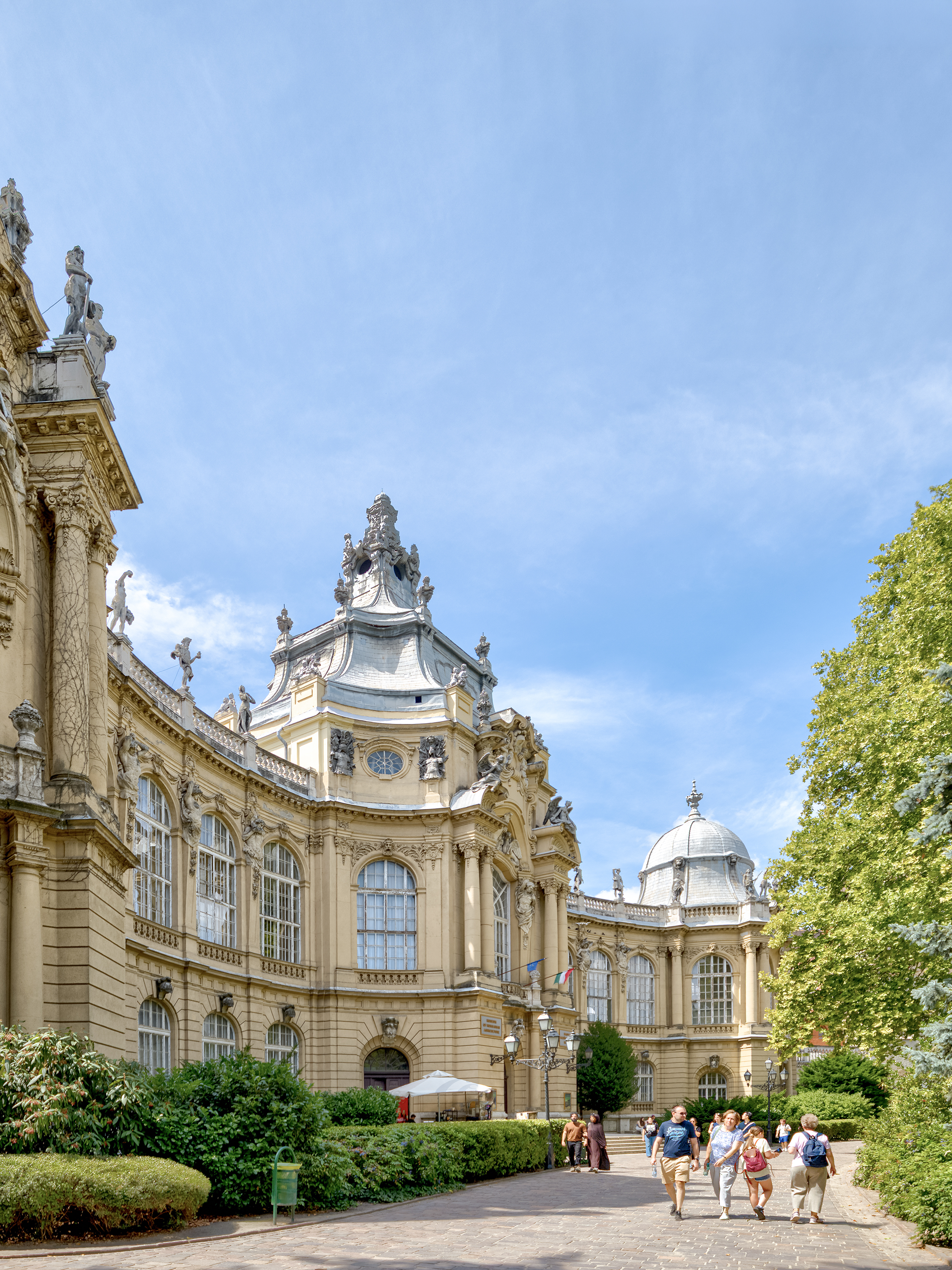 Vajdahunyad Castle Museum facade with visitors, Budapest, Hungary.